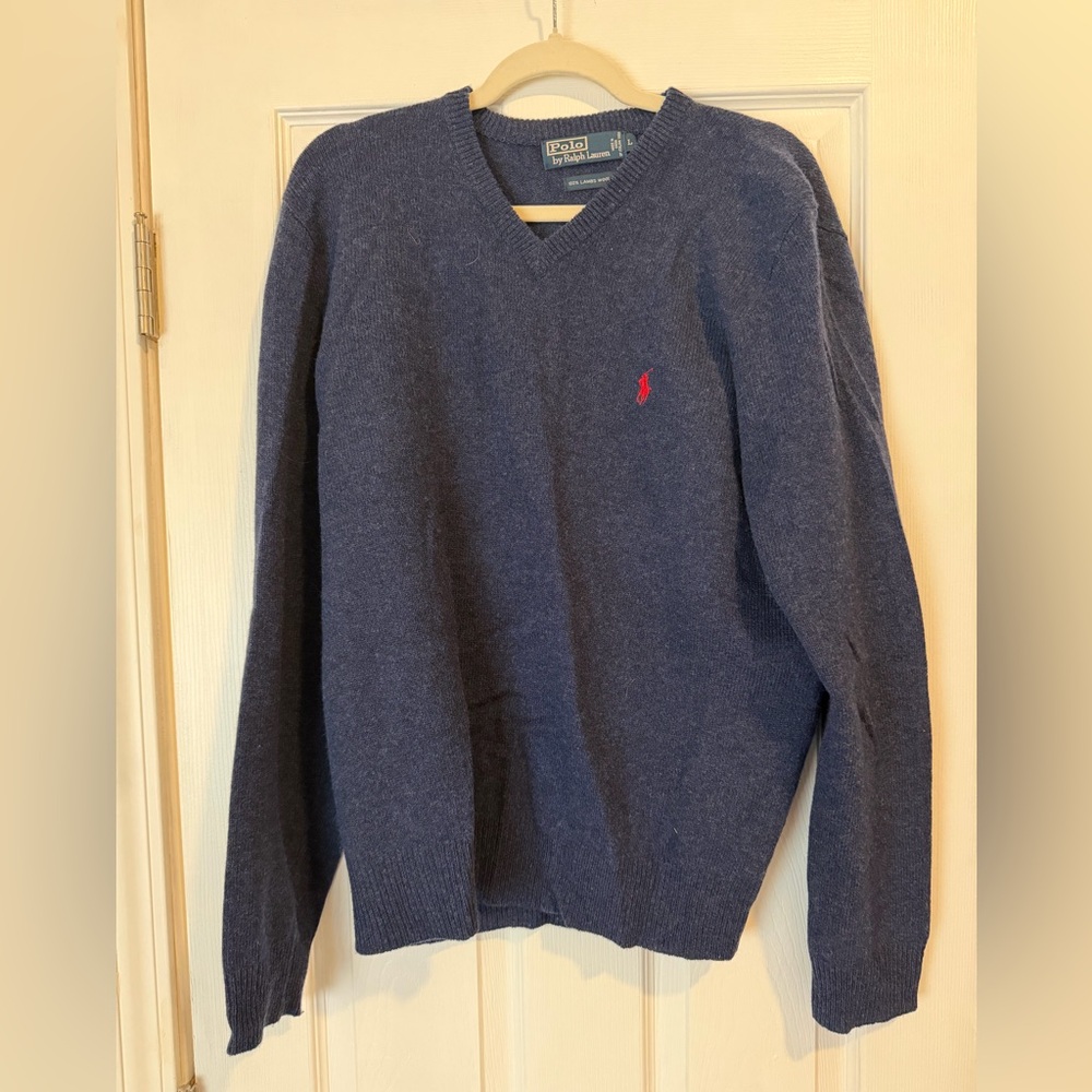 Lambs wool polo Ralph Lauren men’s sweater size large v neck navy blue